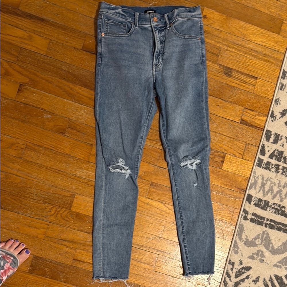 Express Blue Skinny Jeans with Distressed Details